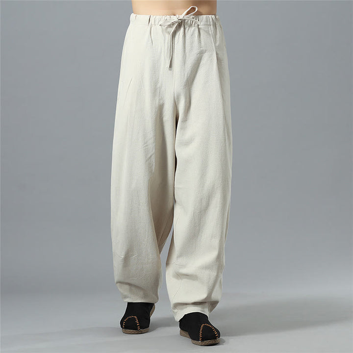 Pantaloni da uomo in lino di cotone con coulisse, casual, tinta unita, con tasche , Buddha Stones