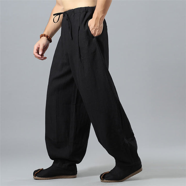 Pantaloni da uomo in lino di cotone con coulisse, casual, tinta unita, con tasche , Buddha Stones