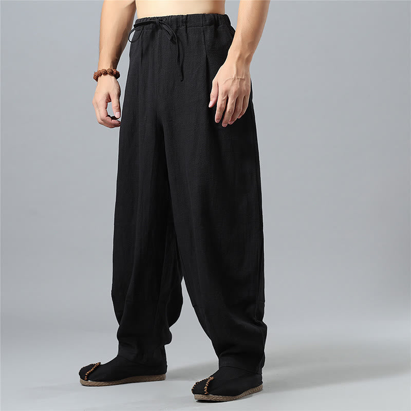 Pantaloni da uomo in lino di cotone con coulisse, casual, tinta unita, con tasche , Buddha Stones