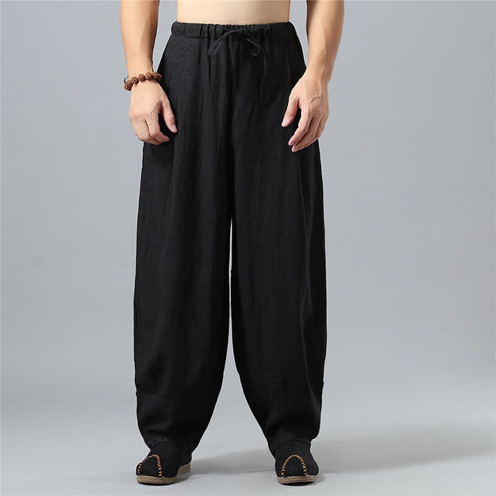 Pantaloni da uomo in lino di cotone con coulisse, casual, tinta unita, con tasche , Buddha Stones