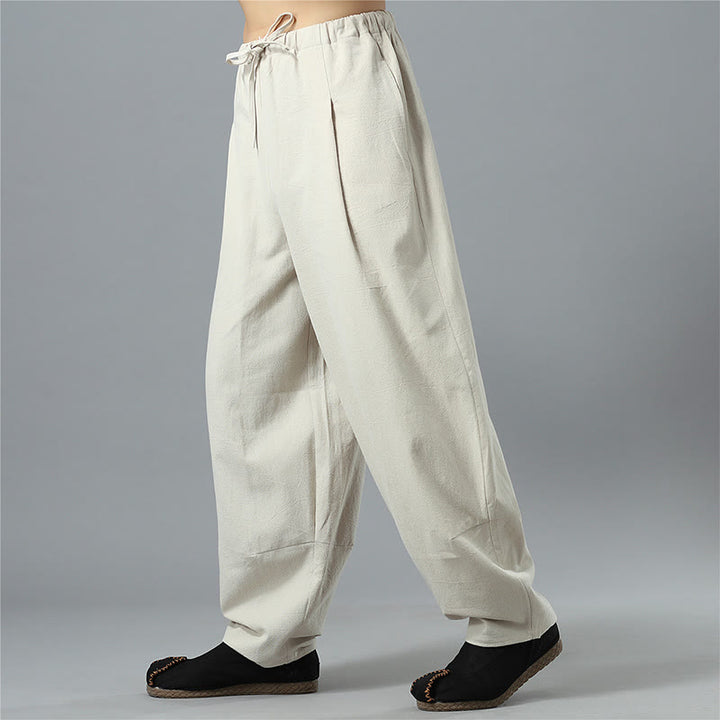 Pantaloni da uomo in lino di cotone con coulisse, casual, tinta unita, con tasche , Buddha Stones
