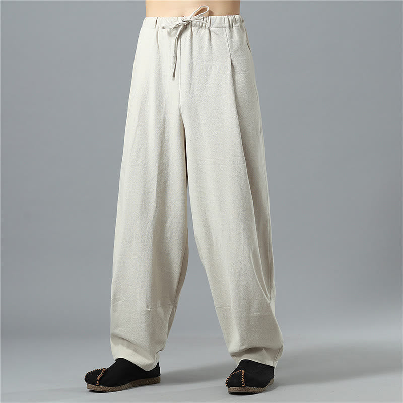 Pantaloni da uomo in lino di cotone con coulisse, casual, tinta unita, con tasche , Buddha Stones