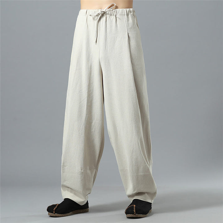 Pantaloni da uomo in lino di cotone con coulisse, casual, tinta unita, con tasche , Buddha Stones