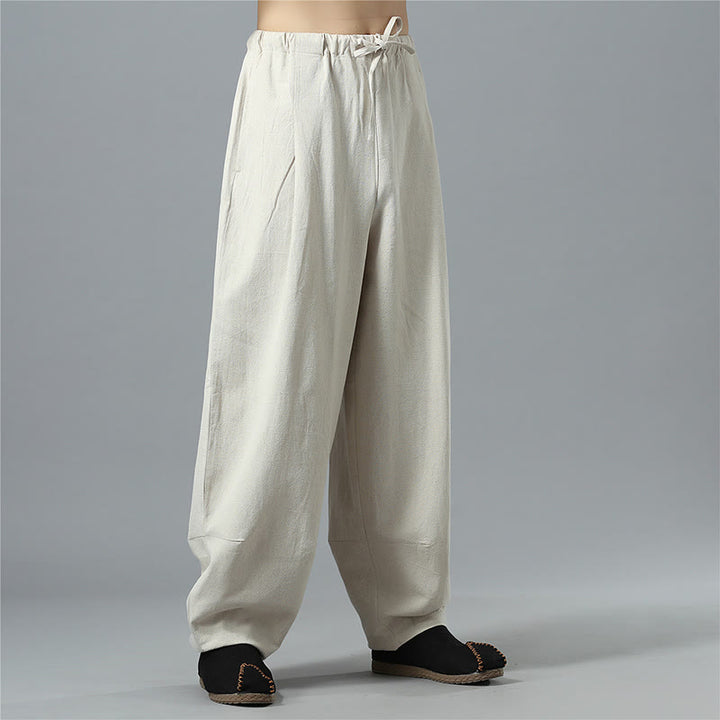 Pantaloni da uomo in lino di cotone con coulisse, casual, tinta unita, con tasche , Buddha Stones
