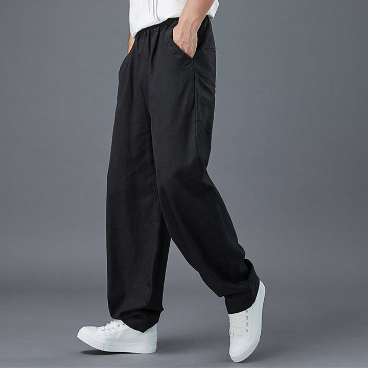 Pantaloni da uomo in lino ramiè con elastico in vita e tasche, tinta unita , Buddha Stones