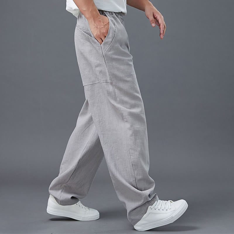 Pantaloni da uomo in lino ramiè con elastico in vita e tasche, tinta unita , Buddha Stones