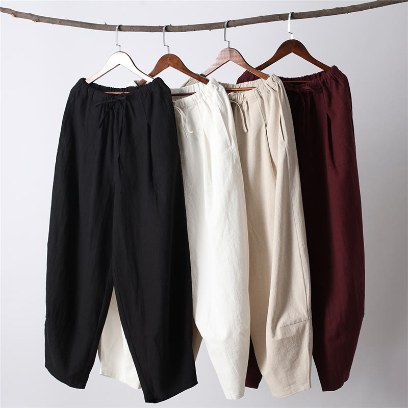Pantaloni da uomo in lino di cotone con coulisse, casual, tinta unita, con tasche , Buddha Stones