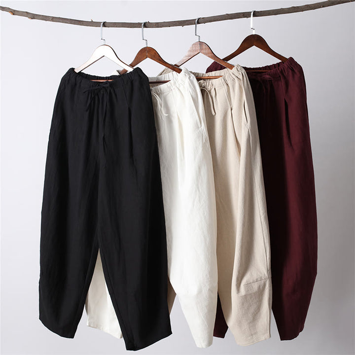 Pantaloni da uomo in lino di cotone con coulisse, casual, tinta unita, con tasche , Buddha Stones