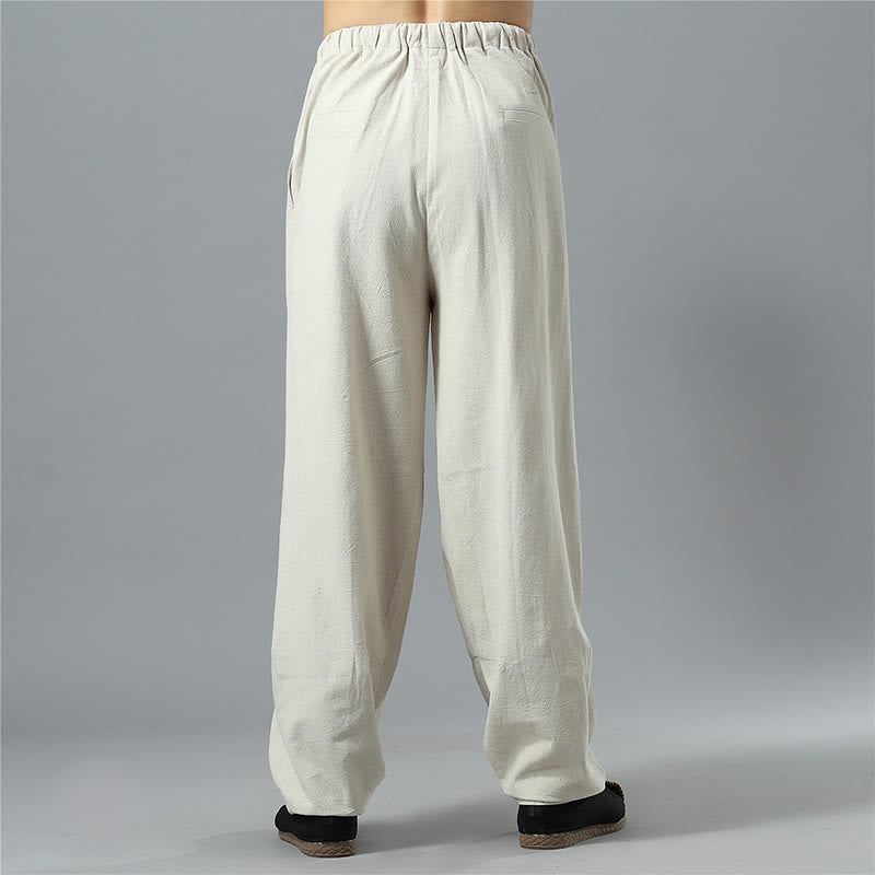 Pantaloni da uomo in lino di cotone con coulisse, casual, tinta unita, con tasche , Buddha Stones