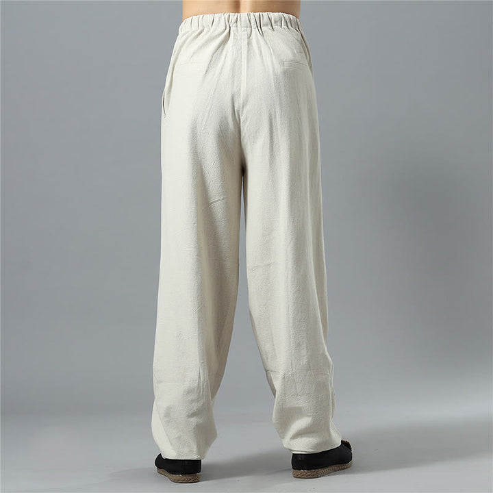 Pantaloni da uomo in lino di cotone con coulisse, casual, tinta unita, con tasche , Buddha Stones