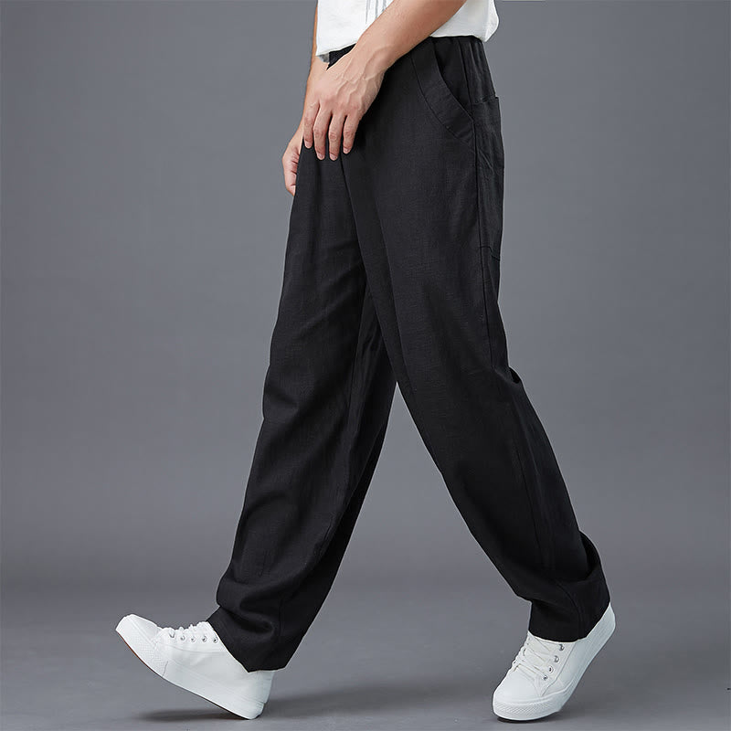 Pantaloni da uomo in lino ramiè con elastico in vita e tasche, tinta unita , Buddha Stones