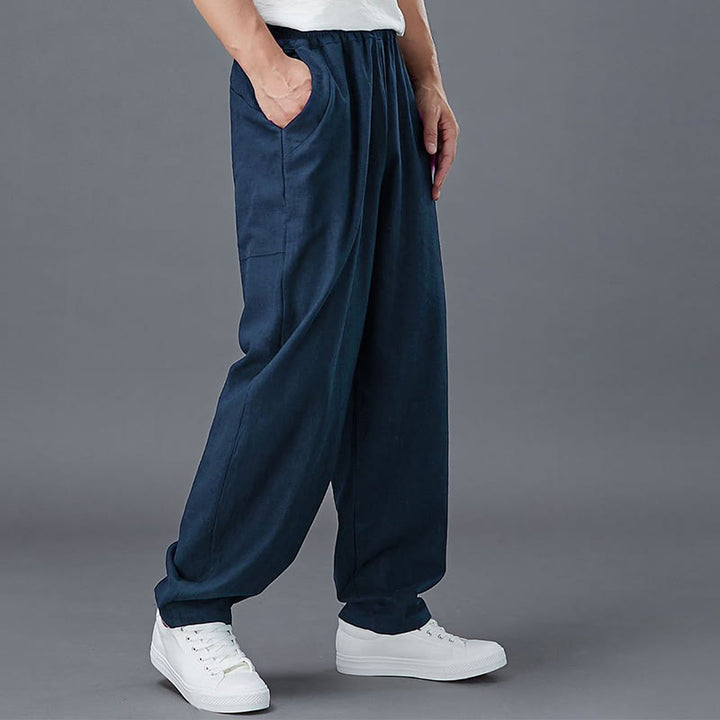 Pantaloni da uomo in lino ramiè con elastico in vita e tasche, tinta unita , Buddha Stones