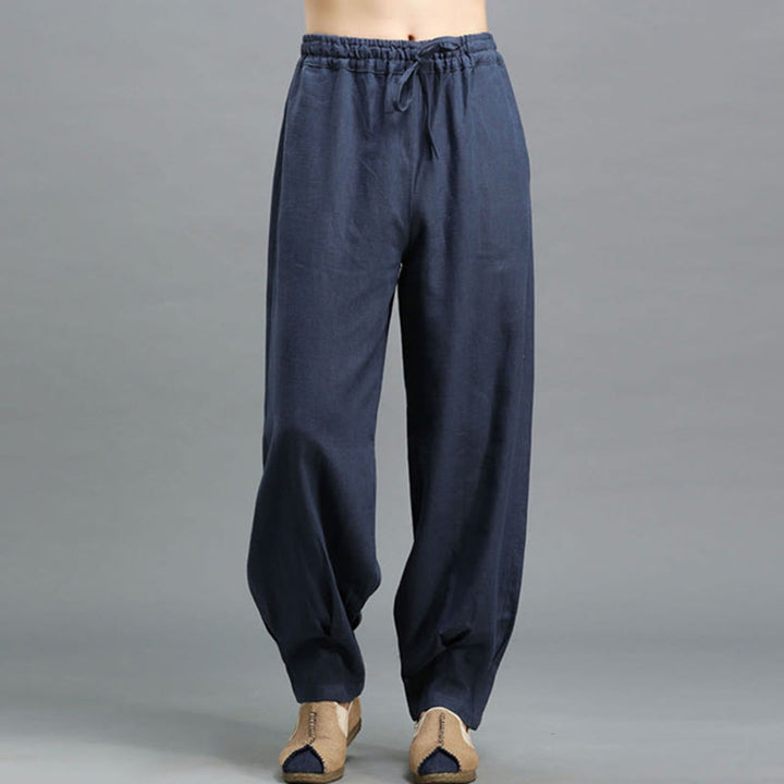 Pantaloni da uomo in lino ramiè con coulisse elastica tinta unita Buddha Stones Casual con tasche