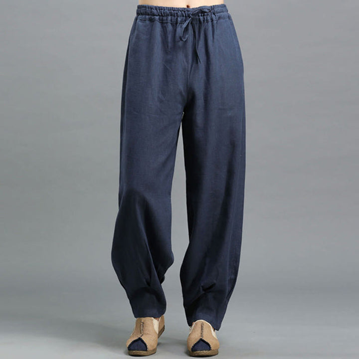 Pantaloni da uomo in lino ramiè con coulisse elastica tinta unita Buddha Stones Casual con tasche - image 2