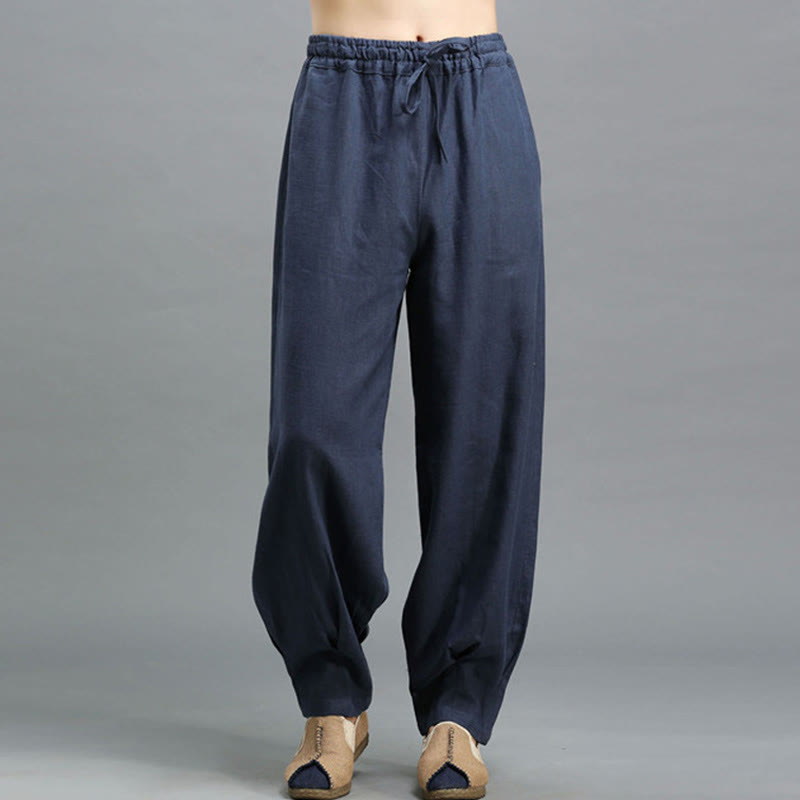 Pantaloni da uomo in lino ramiè con coulisse elastica tinta unita Buddha Stones Casual con tasche - Blu scuro - US/UK/AU38, EU48 (XL) - image 0