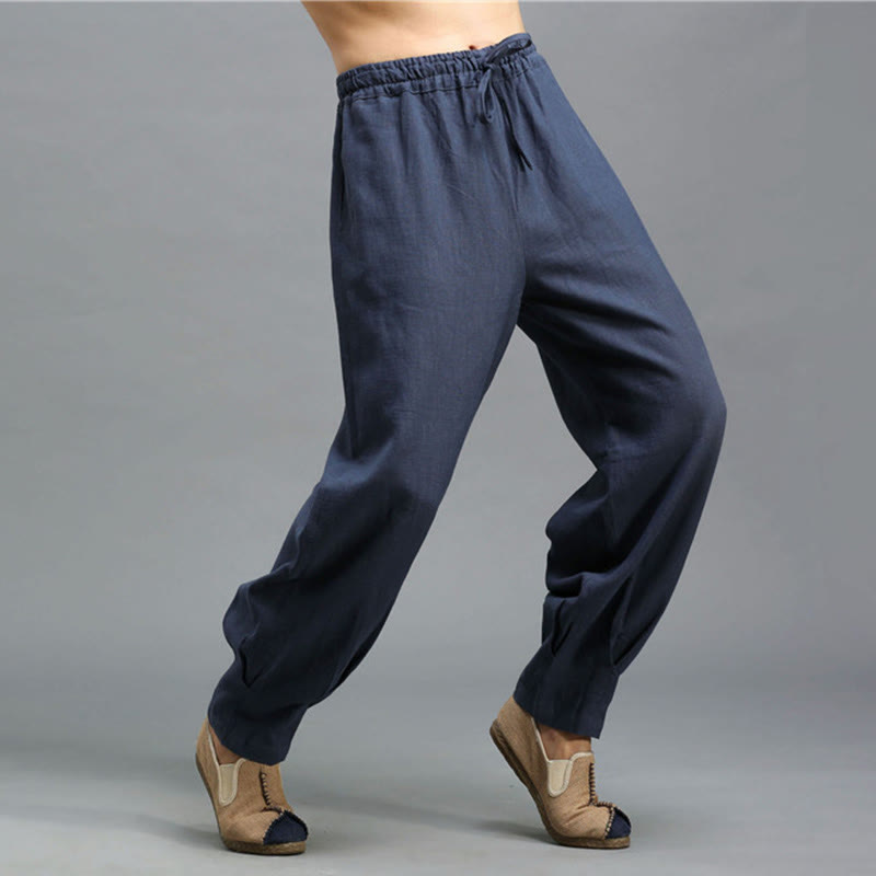 Pantaloni da uomo in lino ramiè con coulisse elastica tinta unita Buddha Stones Casual con tasche