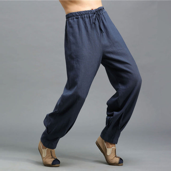 Pantaloni da uomo in lino ramiè con coulisse elastica tinta unita Buddha Stones Casual con tasche