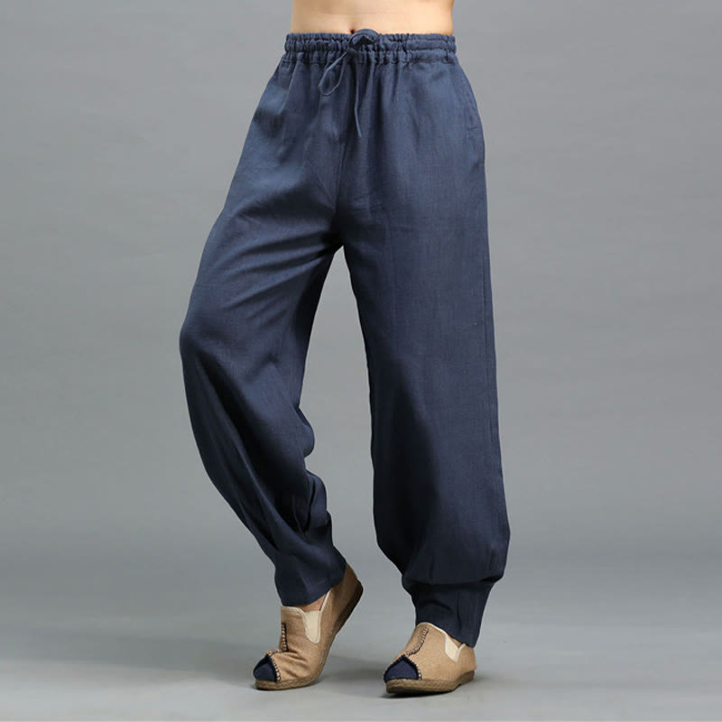 Pantaloni da uomo in lino ramiè con coulisse elastica tinta unita Buddha Stones Casual con tasche - image 9