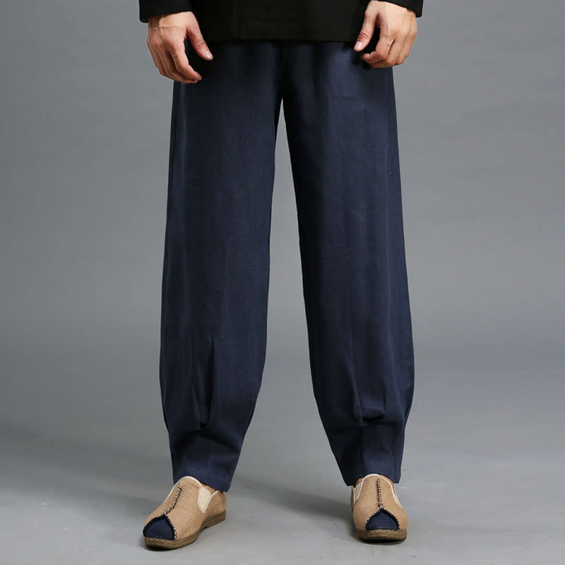 Pantaloni da uomo in lino ramiè con coulisse elastica tinta unita Buddha Stones Casual con tasche - image 11