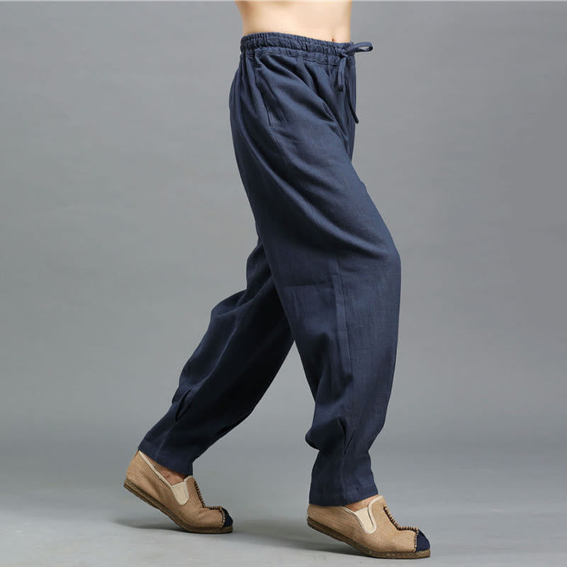 Pantaloni da uomo in lino ramiè con coulisse elastica tinta unita Buddha Stones Casual con tasche - image 6