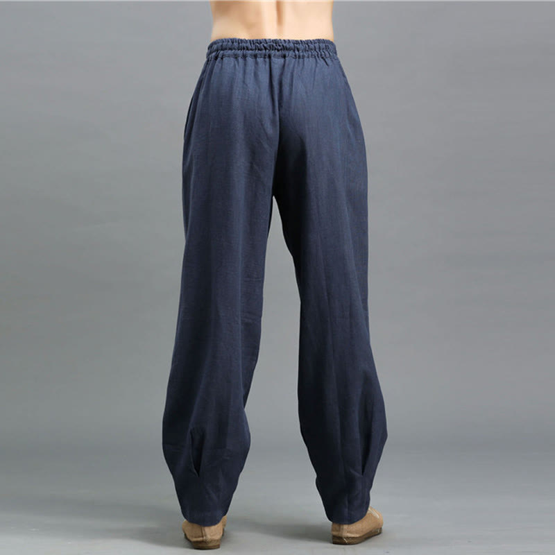 Pantaloni da uomo in lino ramiè con coulisse elastica tinta unita Buddha Stones Casual con tasche - image 4