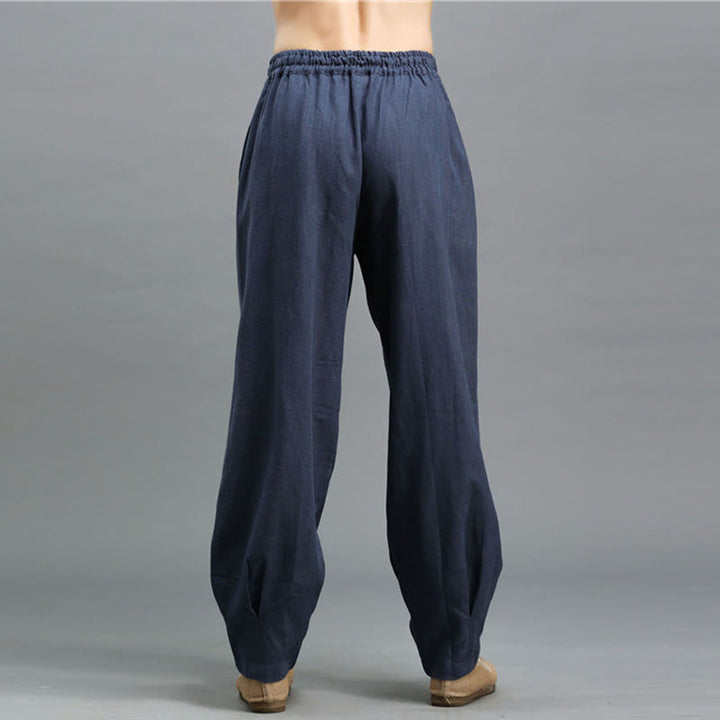 Pantaloni da uomo in lino ramiè con coulisse elastica tinta unita Buddha Stones Casual con tasche - image 4