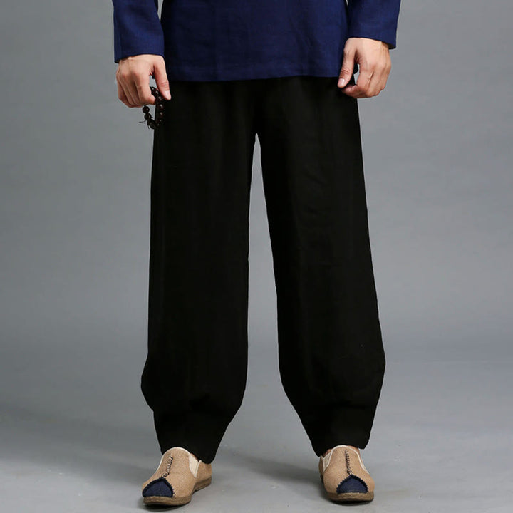 Pantaloni da uomo in lino ramiè con coulisse elastica tinta unita Buddha Stones Casual con tasche - image 19