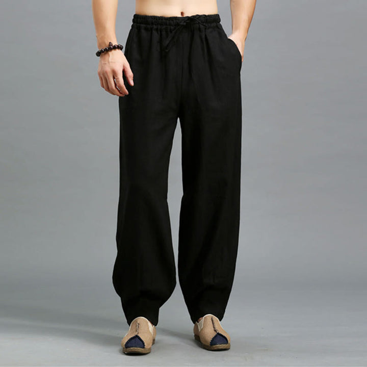 Pantaloni da uomo in lino ramiè con coulisse elastica tinta unita Buddha Stones Casual con tasche