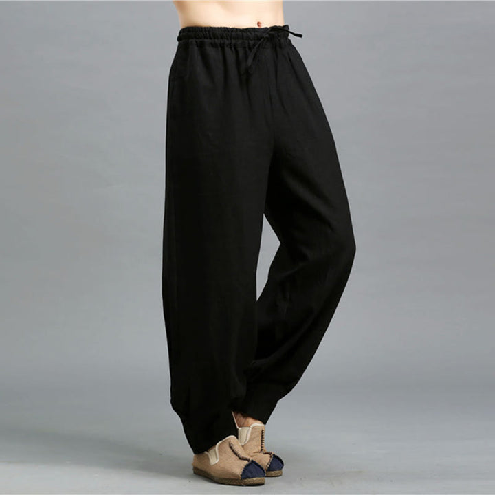 Pantaloni da uomo in lino ramiè con coulisse elastica tinta unita Buddha Stones Casual con tasche