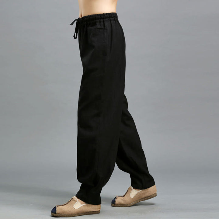 Pantaloni da uomo in lino ramiè con coulisse elastica tinta unita Buddha Stones Casual con tasche