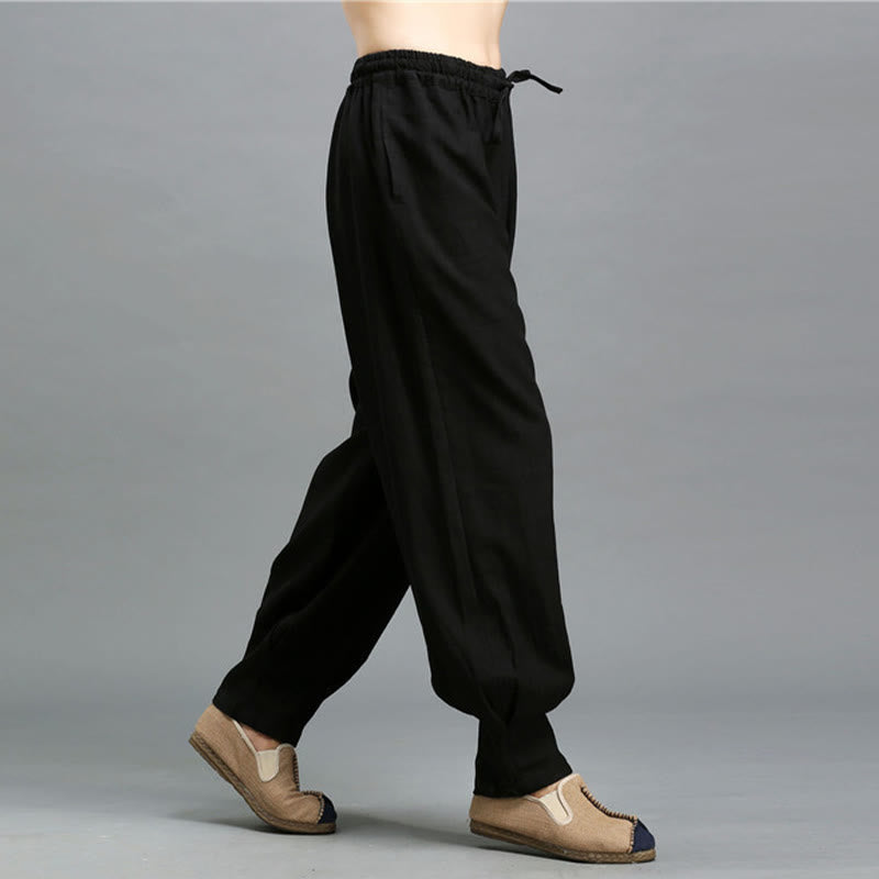 Pantaloni da uomo in lino ramiè con coulisse elastica tinta unita Buddha Stones Casual con tasche - image 18