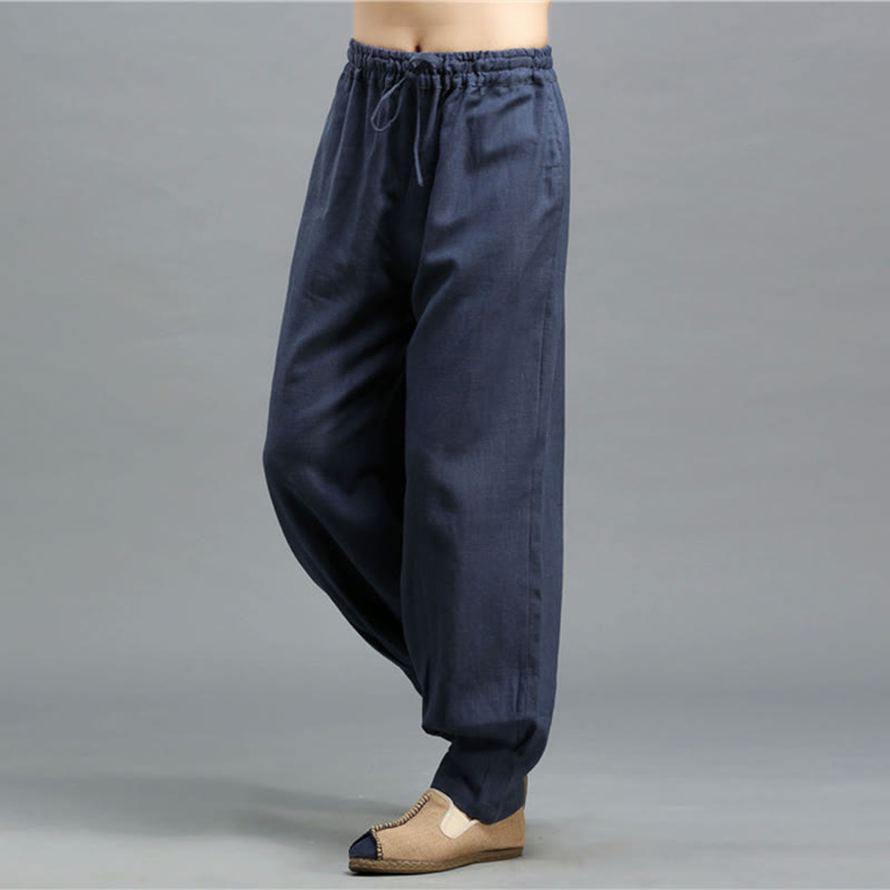 Pantaloni da uomo in lino ramiè con coulisse elastica tinta unita Buddha Stones Casual con tasche