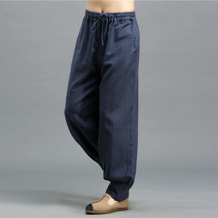 Pantaloni da uomo in lino ramiè con coulisse elastica tinta unita Buddha Stones Casual con tasche