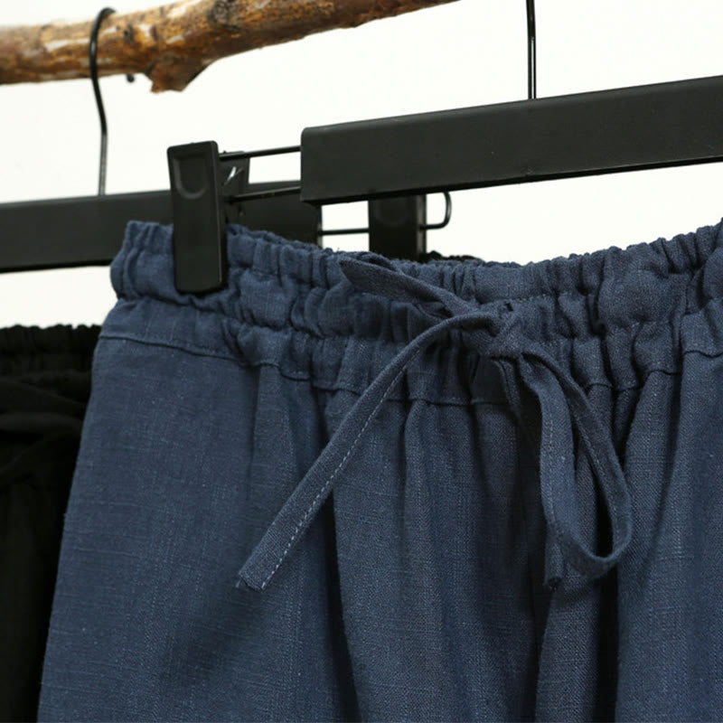 Pantaloni da uomo in lino ramiè con coulisse elastica tinta unita Buddha Stones Casual con tasche - image 22