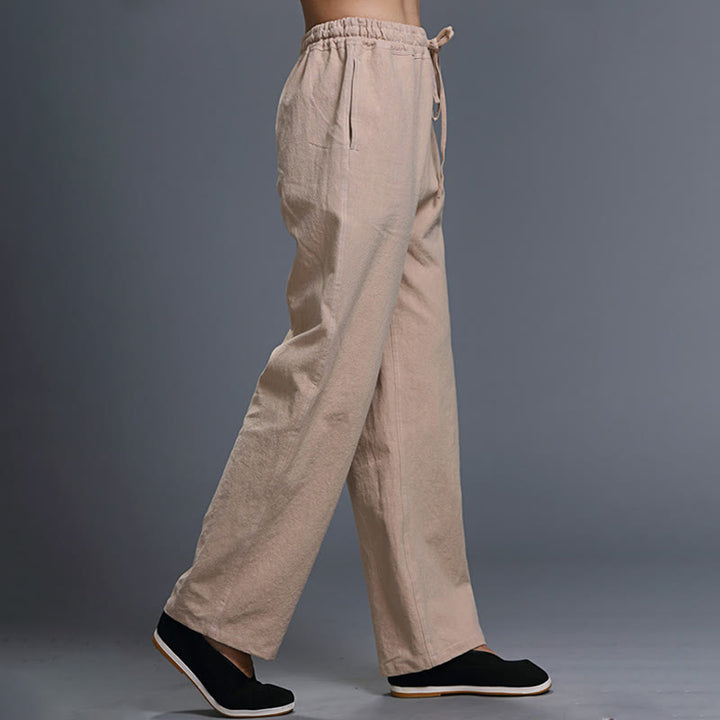 Pantaloni da uomo in lino con coulisse, casual, tinta unita , Buddha Stones, con tasche
