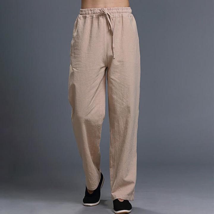Pantaloni da uomo in lino con coulisse, casual, tinta unita , Buddha Stones, con tasche