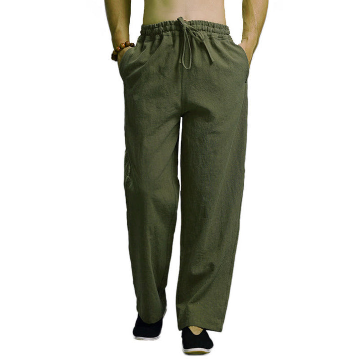 Pantaloni da uomo in lino con coulisse, casual, tinta unita , Buddha Stones, con tasche