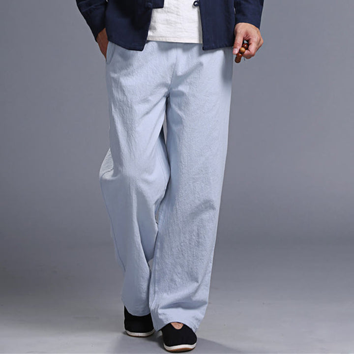 Pantaloni da uomo in lino con coulisse, casual, tinta unita , Buddha Stones, con tasche