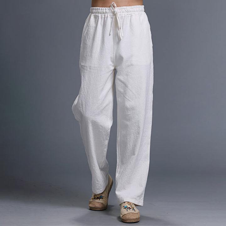 Pantaloni da uomo in lino con coulisse, casual, tinta unita , Buddha Stones, con tasche