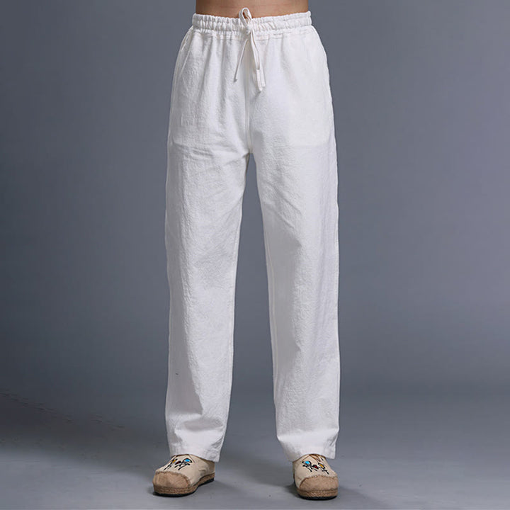 Pantaloni da uomo in lino con coulisse, casual, tinta unita , Buddha Stones, con tasche