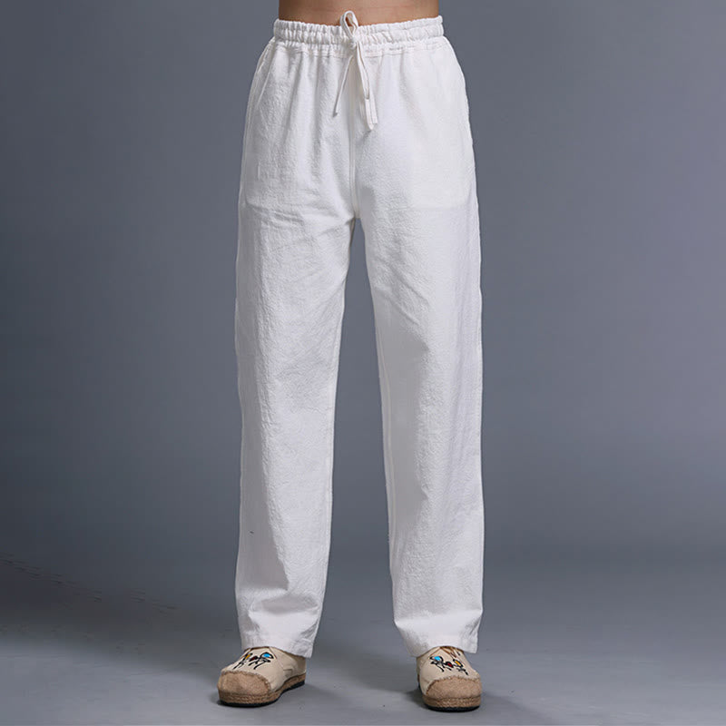 Pantaloni da uomo in lino con coulisse, casual, tinta unita , Buddha Stones, con tasche - Bianco - US/UK/AU38, EU48 (XL) - image 0