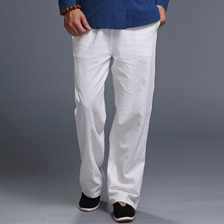 Pantaloni da uomo in lino con coulisse, casual, tinta unita , Buddha Stones, con tasche
