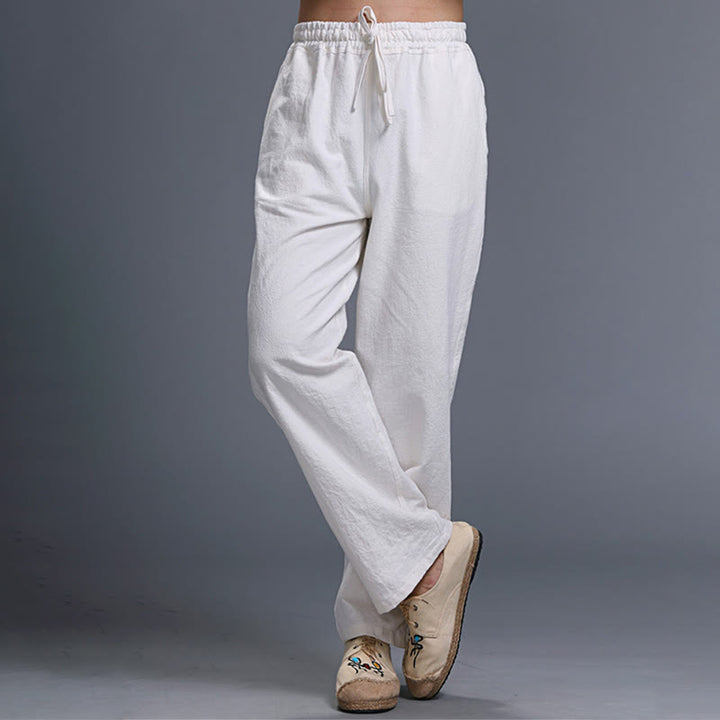 Pantaloni da uomo in lino con coulisse, casual, tinta unita , Buddha Stones, con tasche
