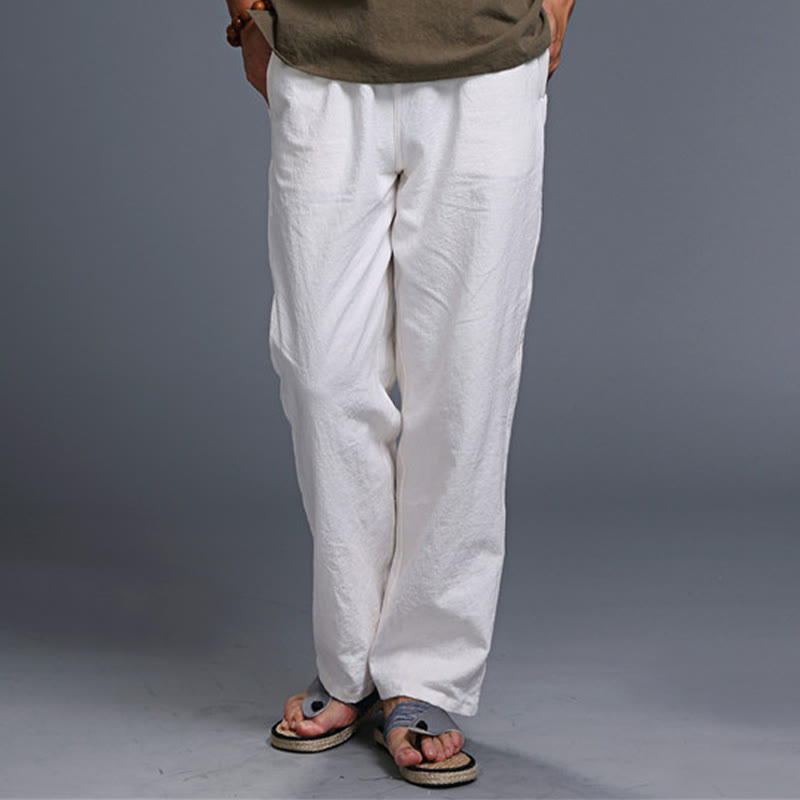 Pantaloni da uomo in lino con coulisse, casual, tinta unita , Buddha Stones, con tasche