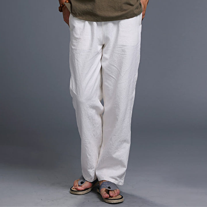 Pantaloni da uomo in lino con coulisse, casual, tinta unita , Buddha Stones, con tasche