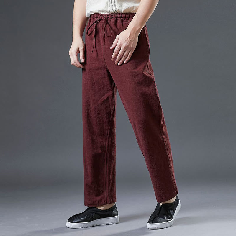 Pantaloni da uomo in lino con coulisse, casual, tinta unita , Buddha Stones, con tasche