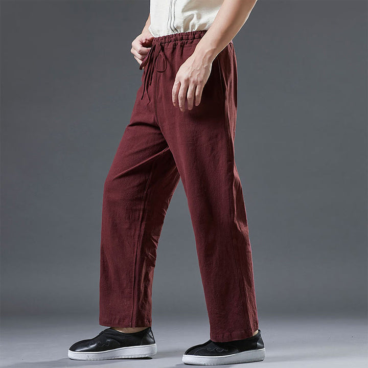Pantaloni da uomo in lino con coulisse, casual, tinta unita , Buddha Stones, con tasche