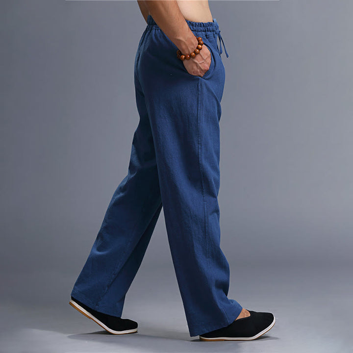 Pantaloni da uomo in lino con coulisse, casual, tinta unita , Buddha Stones, con tasche