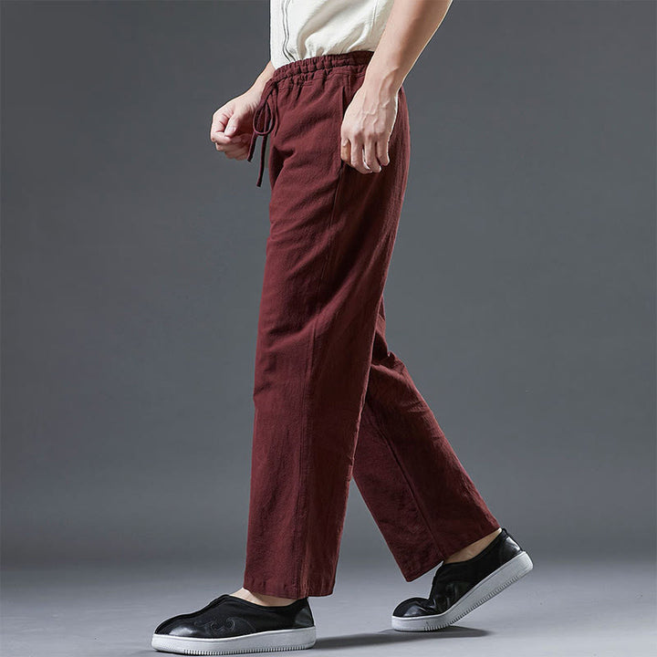 Pantaloni da uomo in lino con coulisse, casual, tinta unita , Buddha Stones, con tasche