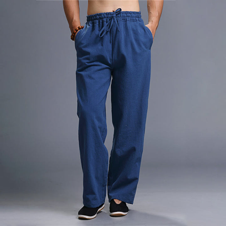 Pantaloni da uomo in lino con coulisse, casual, tinta unita , Buddha Stones, con tasche